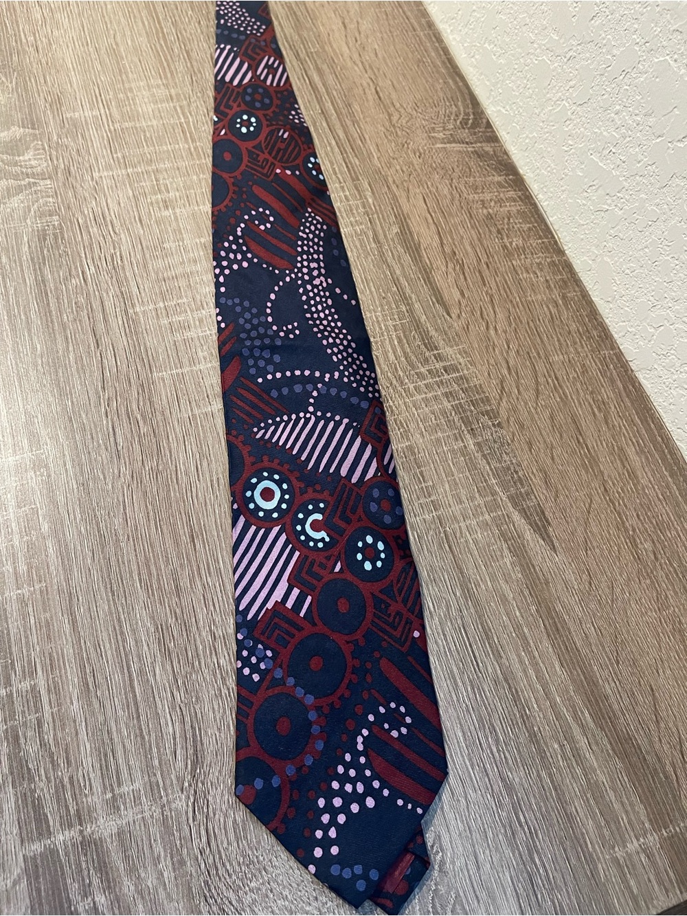 Men's Navy Tie with Burgundy and Pink Geometric Pattern